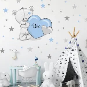 Adesivi da parete - orsetto blu con stelle e nome | Inspio