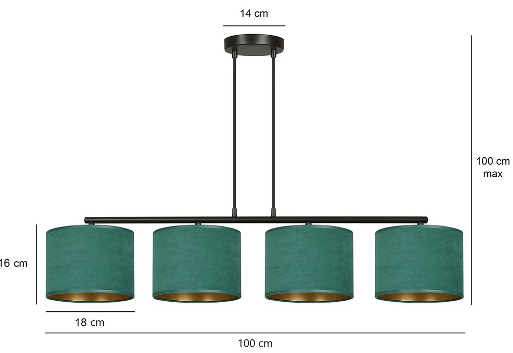 Lampadario 4 Luci Ganesha In Acciaio Nero E Paralumi In Tessuto Verde