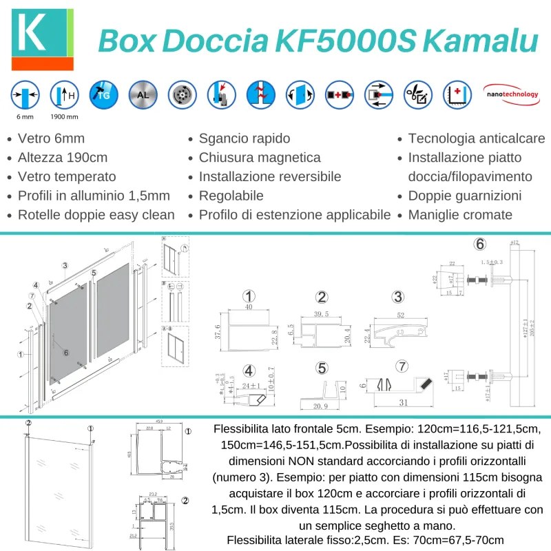 Kamalu - box doccia angolare 130x90 vetro 6mm anticalcare kf5000s