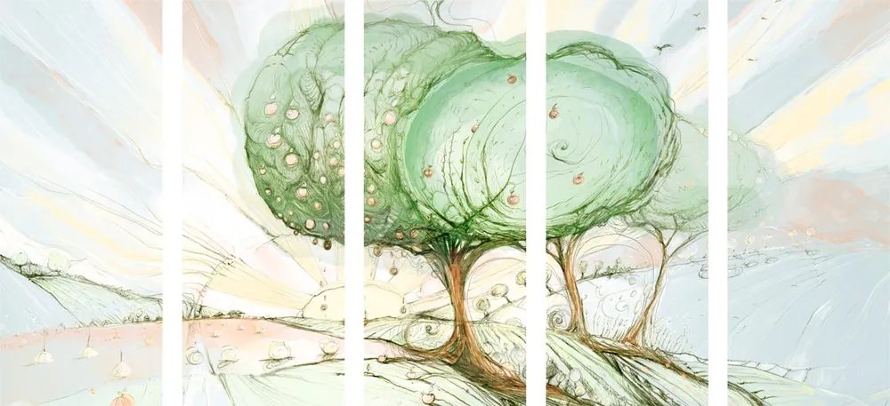 Quadri 5 pezzi – Alberi pastello fiabeschi
