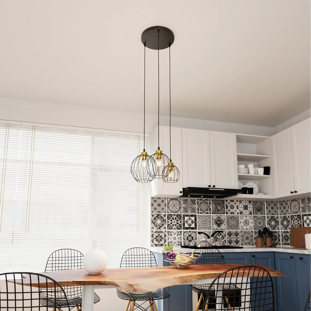Sospensione Minimal Industrial Hathor 3 Luci Tonda Nera E Oro