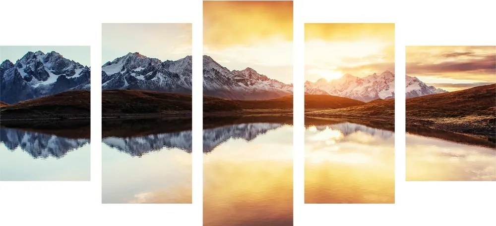 Quadri 5 pezzi – Tramonto abbagliante sul lago di montagna