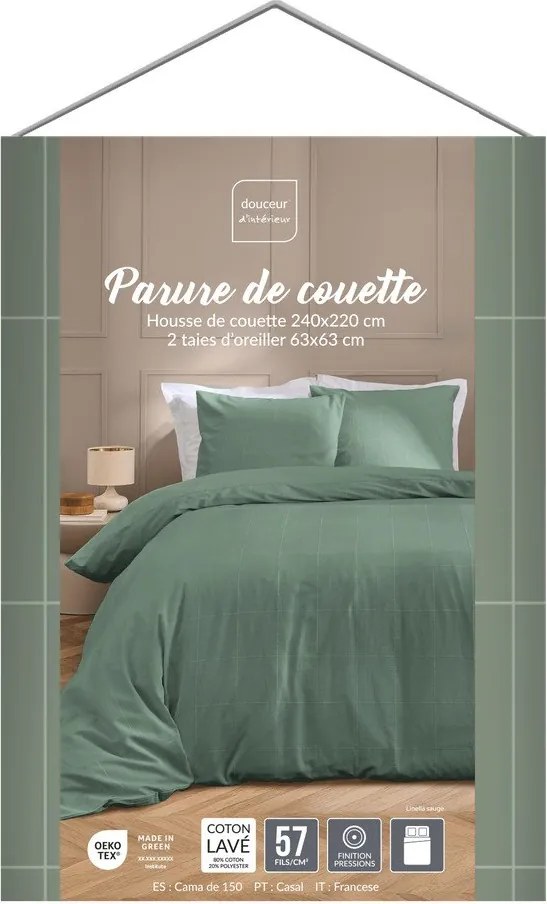 Set copripiumino e federa verde per letto matrimoniale ed esteso 240x220 cm Linella – douceur d'intérieur
