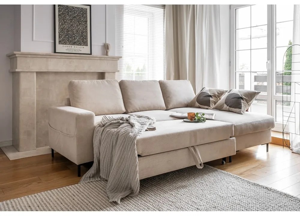 Divano letto angolare in velluto a coste beige (angolo destro) Lofty Lilly - Miuform