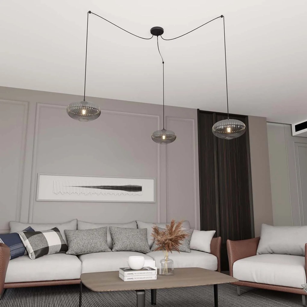 Lampadario 3 Luci Elios In Acciaio Nero Paralume Plissettato Fumè