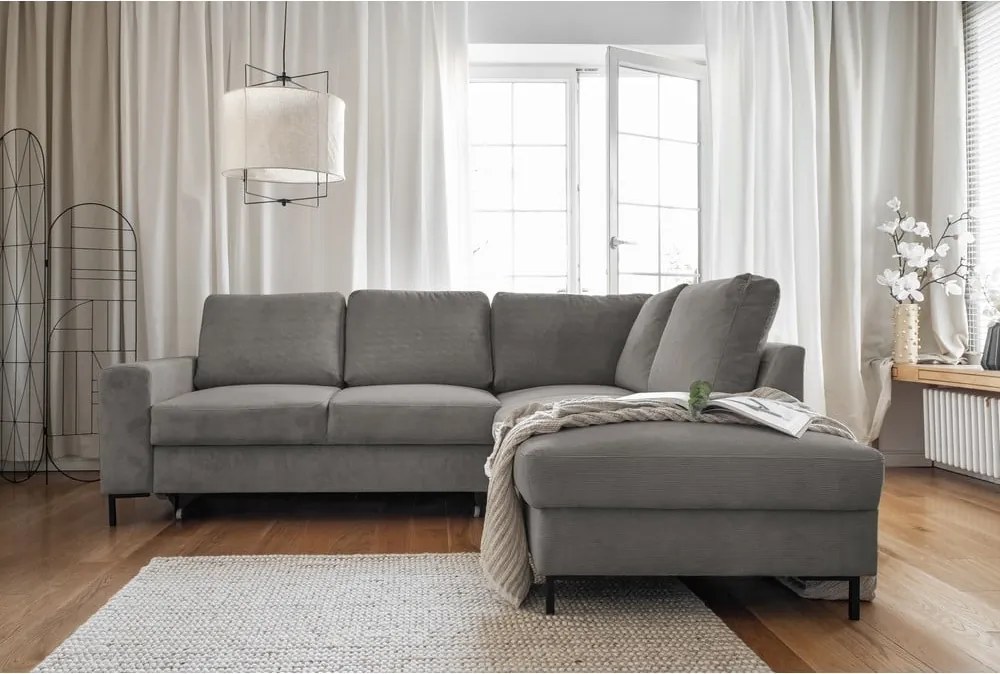 Divano letto in velluto a coste grigio (angolo destro) Lofty Lilly - Miuform