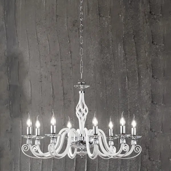 Lampadario a sospensione 1306 in vetro soffiato lavorato a mano 8 luci D84 cm BIANCO