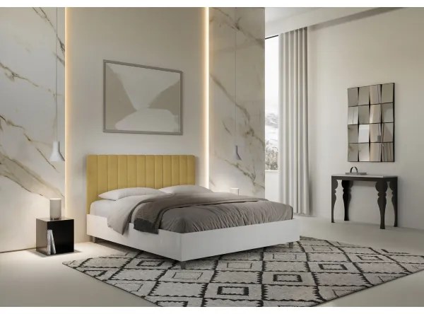 Letto contenitore da 160x200 in legno bianco e testata in microfibra ocra Kaia