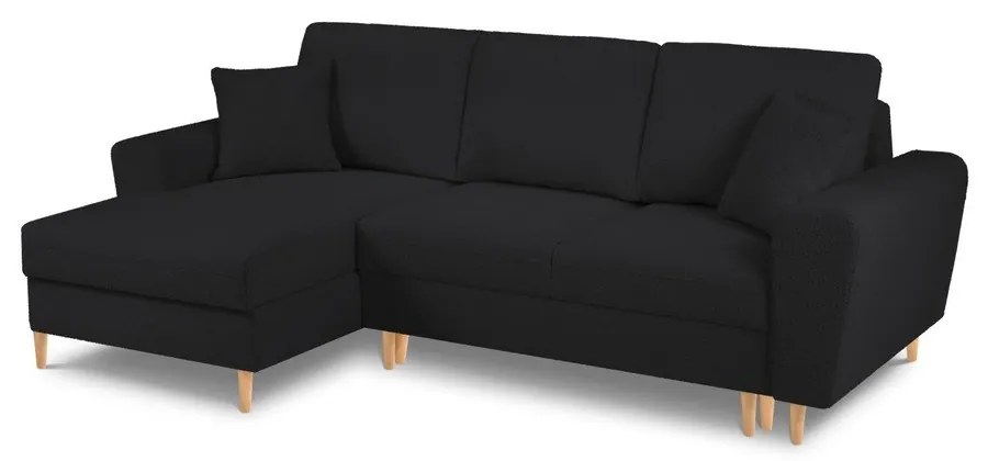 Divano angolare nero allungabile e con contenitore (con penisola a sinistra/con chaise lounge) con rivestimento in bouclé Kyoto – Cosmopolitan Design