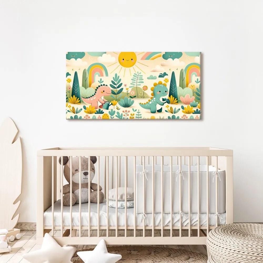Quadro su tela – Amici dinosauri in giardino colorato
