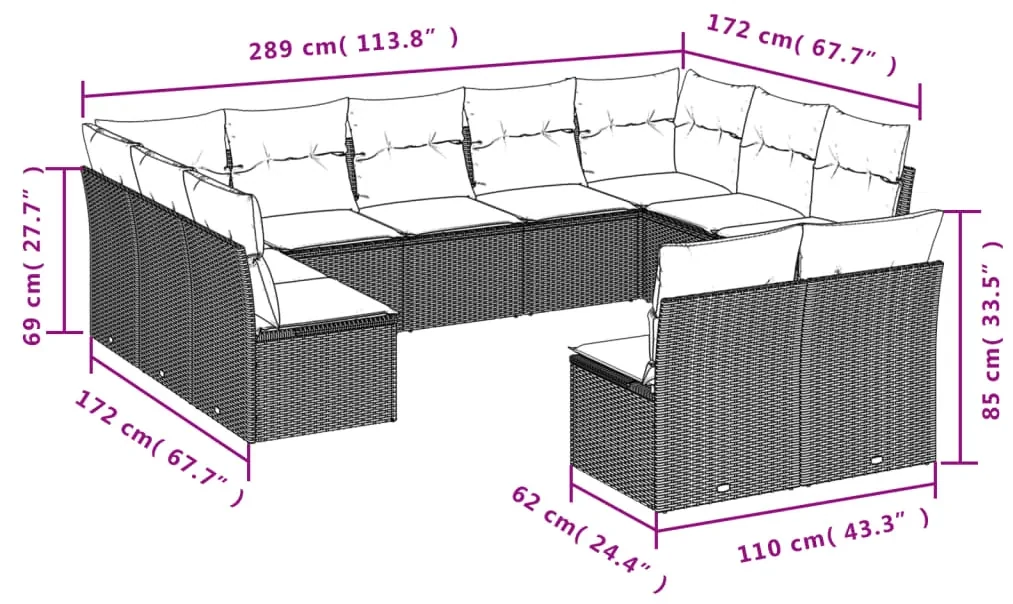 Set divani da giardino 11 pz con cuscini in polyrattan grigio