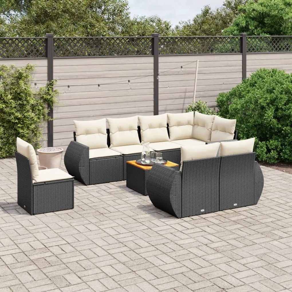 Set Divani da Giardino 9 pz con Cuscini Nero in Polyrattan