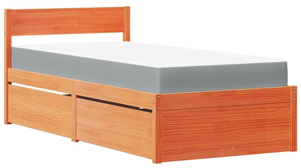 Letto cassetti e materasso marrone cera 90x200cm massello pino