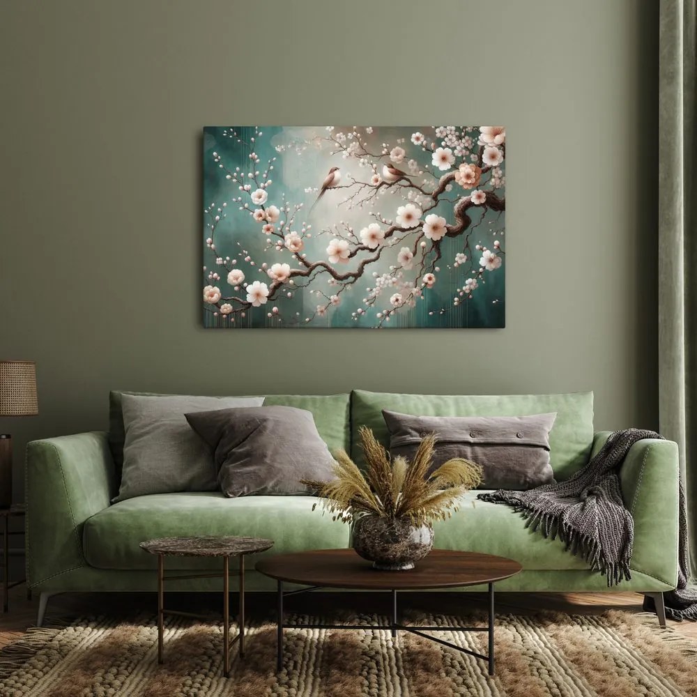 Quadro su tela – Uccellini su ramo di ciliegio