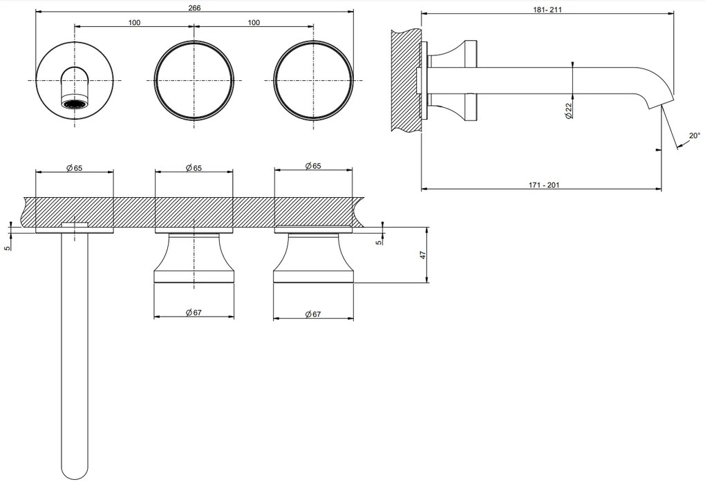 Parte esterna gruppo lavabo 3 fori senza scarico parte incasso non inclusa brass brushed 66090 Gessi