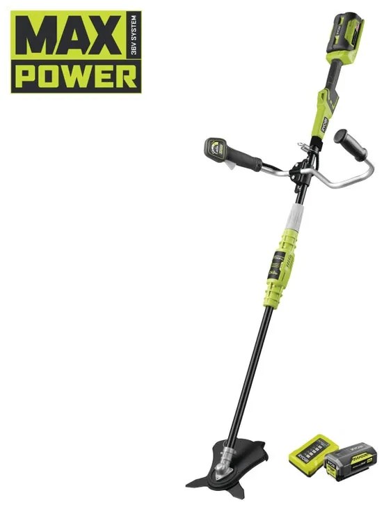 Decespugliatore a batteria con spazzole al carbonio 36V 1 batteria inclusa  in acciaio RYOBI RBC36X26B impugnatura a manubrio, lama in acciaio a 3 denti