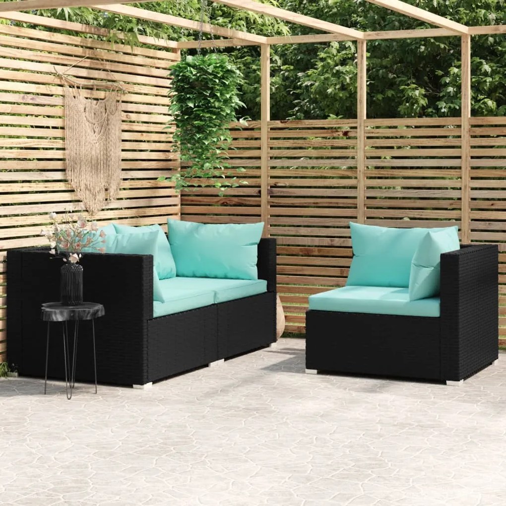 Set divani da giardino 3 pz con cuscini nero in polyrattan