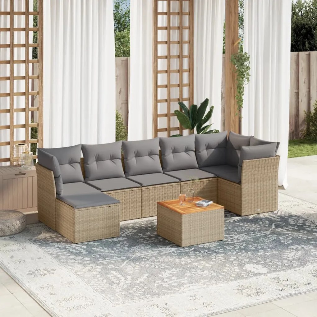 Set Divano da Giardino 8 pz con Cuscini Beige in Polyrattan