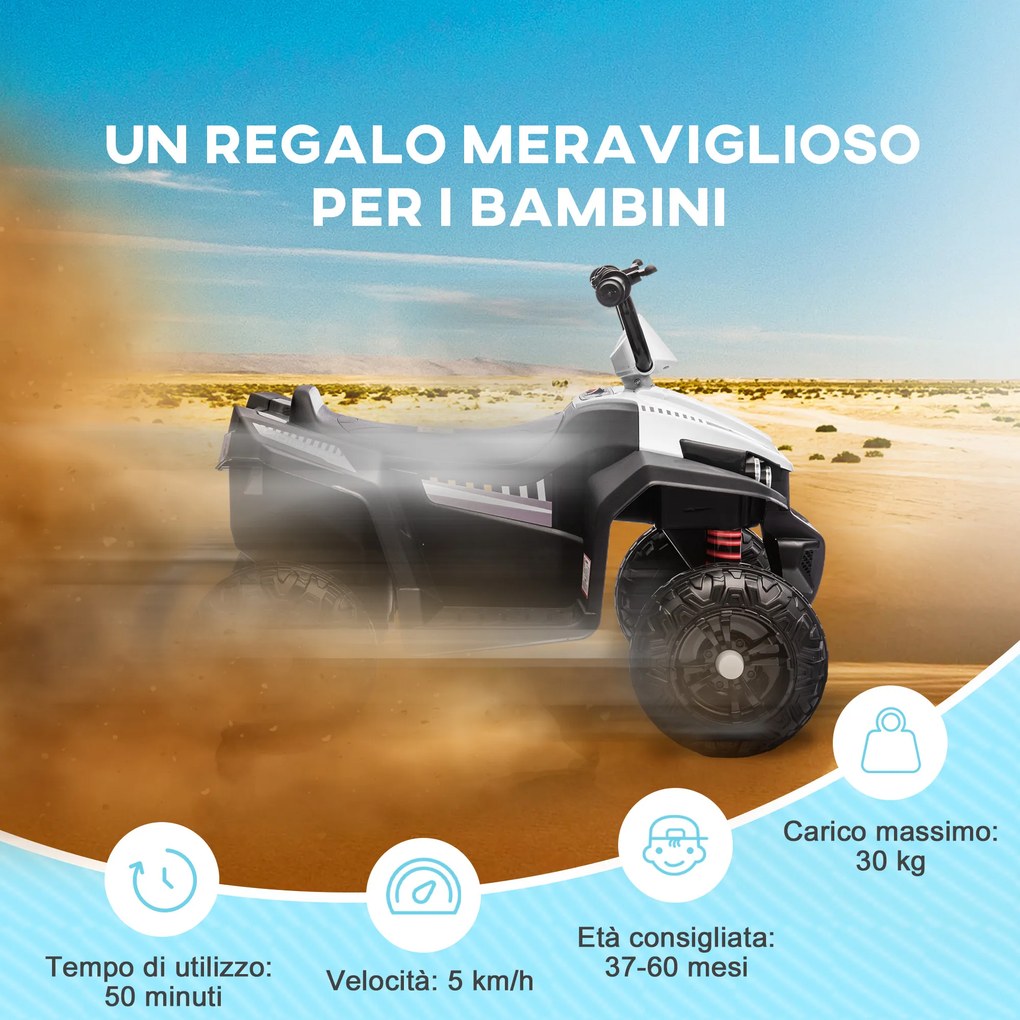 Quad Elettrico per Bambini 12V con 2 Motori Sospensioni Fari LED MP3 Bianco...