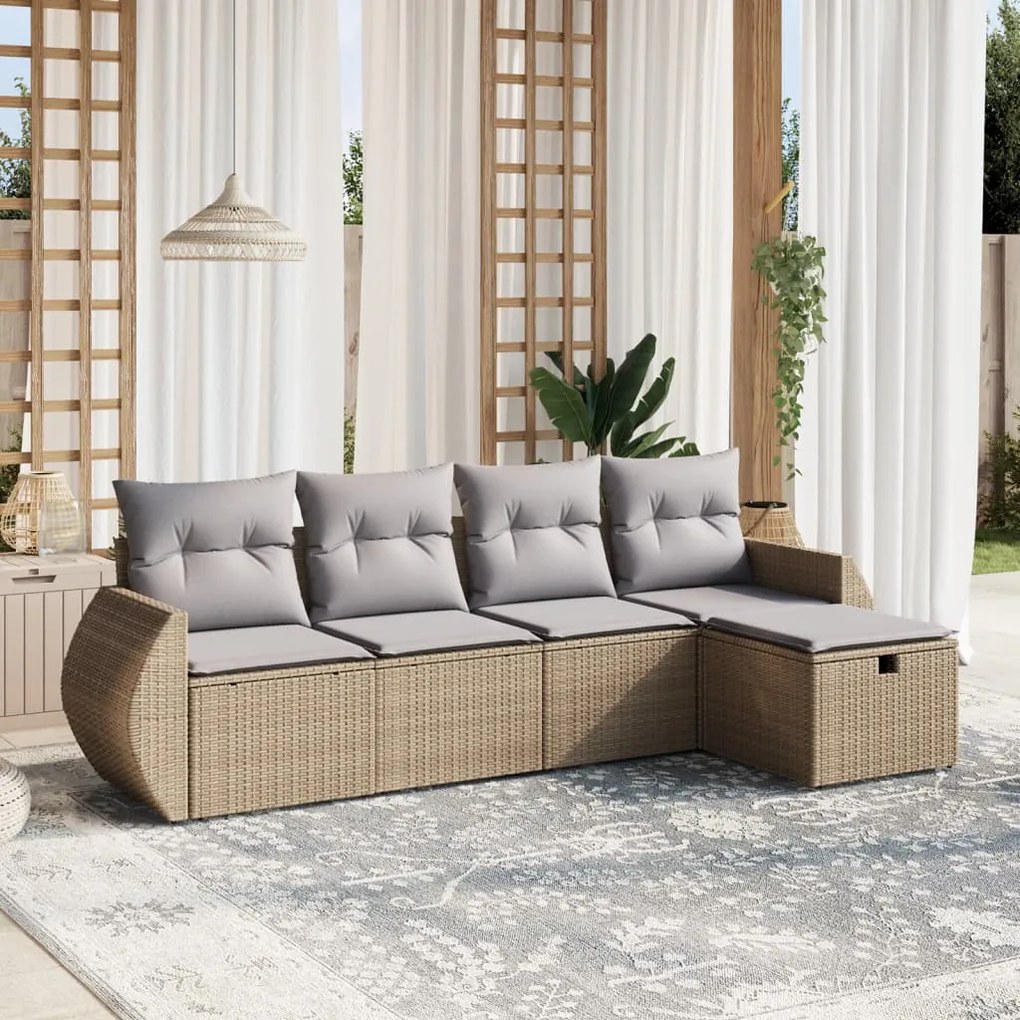Set divano da giardino 5 pz con cuscini beige misto polyrattan
