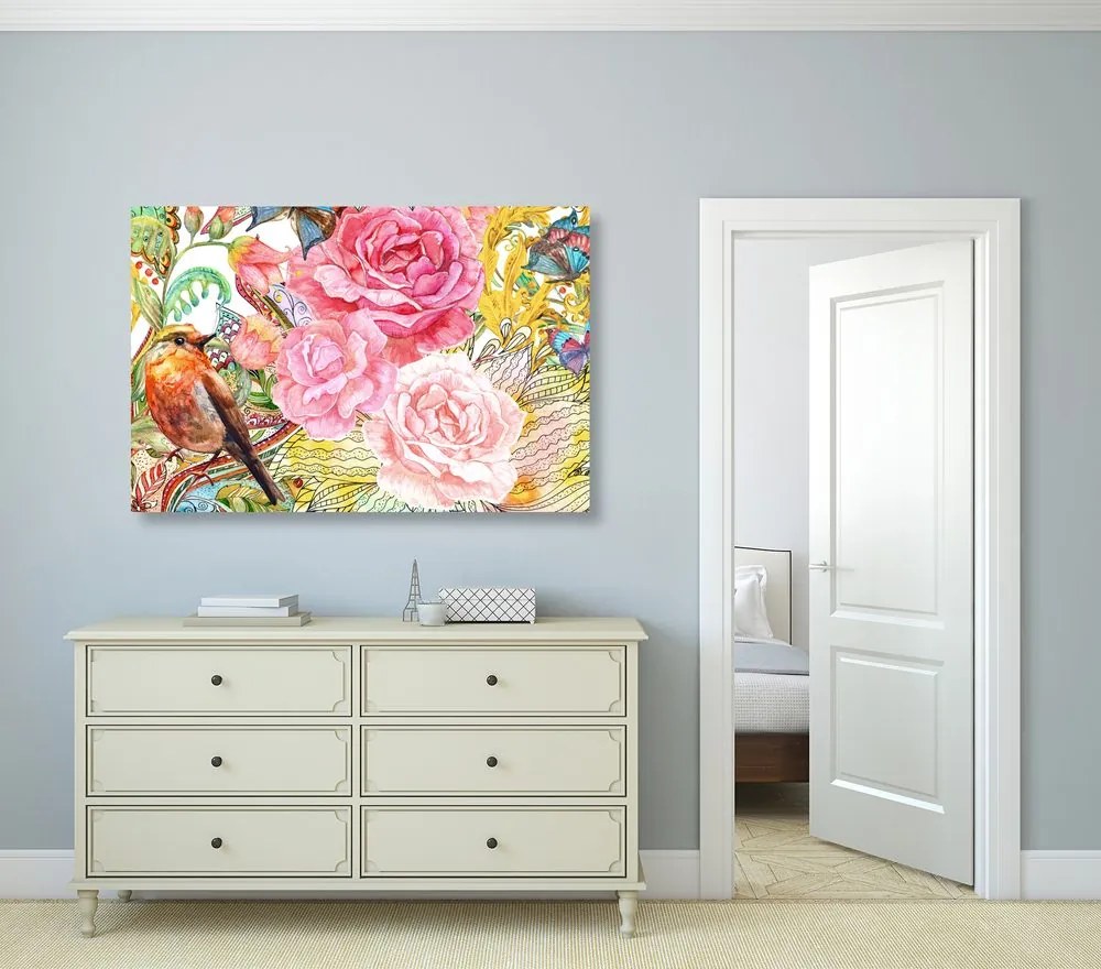 Quadro su tela – Uccellino vintage con fiori