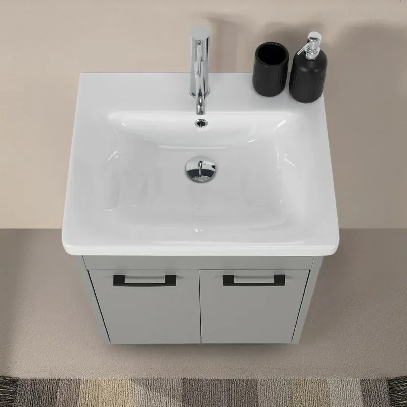 Mobile bagno sospeso 55 cm grigio chiaro effetto legno con armadietto a specchio Sofia