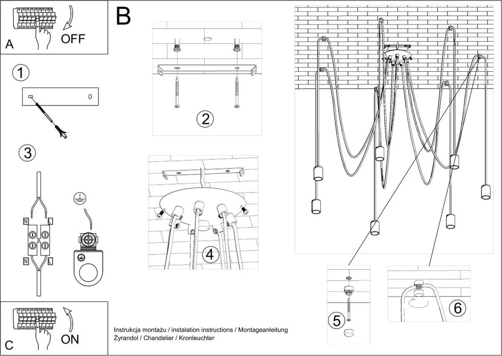 Lampadario a Sospensione 7xE27 EDISON 7 in Acciaio Nero