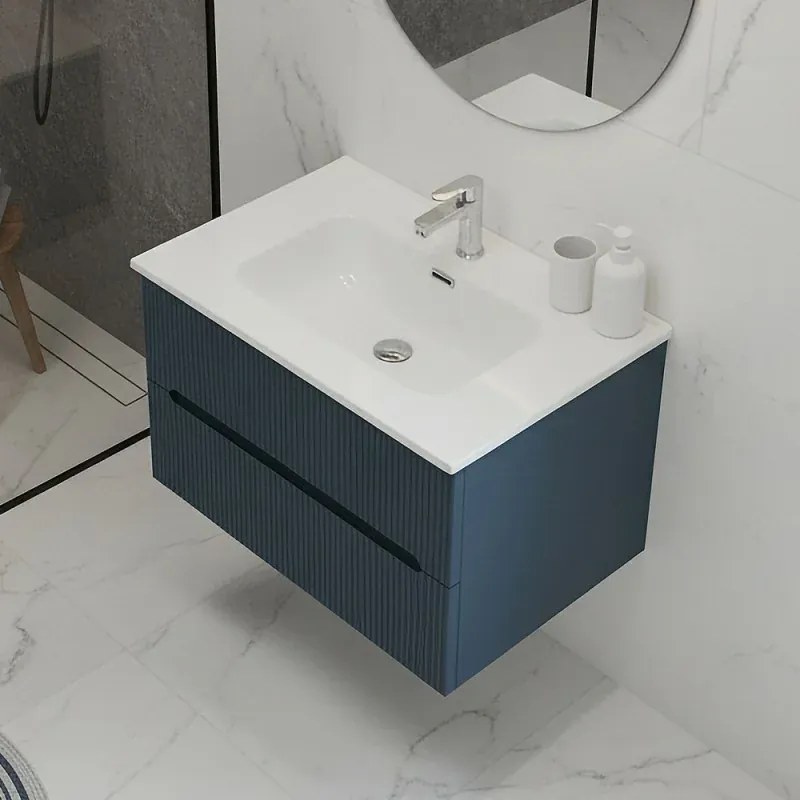 Mobile bagno sospeso 80 cm blu petrolio cannettato con specchio Bali
