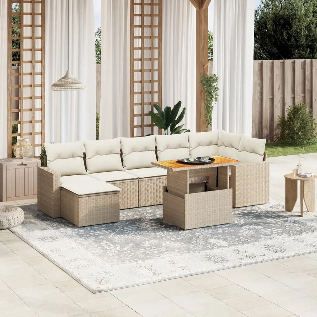 Set Divano da Giardino 8 pz con Cuscini Beige in Polyrattan