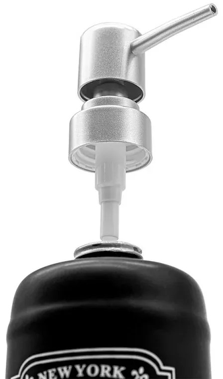 Dispenser sapone in ceramica nera con stampe a contrasto bianche stile vintage