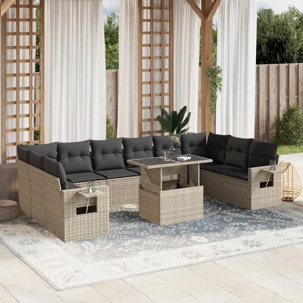 Set divani da giardino 11 pz con cuscini in polyrattan grigio