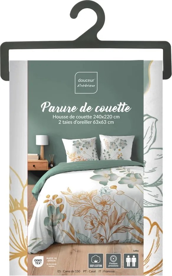 Set copripiumino e federa bianco/verde in cotone per letto matrimoniale ed esteso 240x220 cm Lolita – douceur d'intérieur