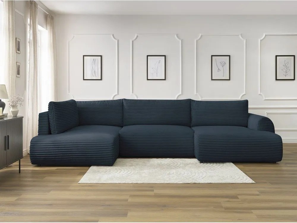 Divano angolare in blu scuro allungabile (con penisola a destra/a forma di "U") con rivestimento in velluto a coste Lucien – Bobochic Paris