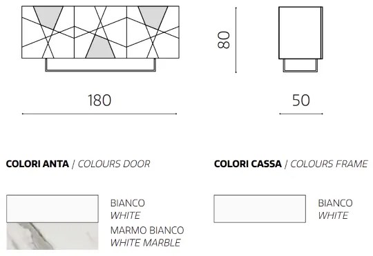 Madia 3 ante inserti vetro effetto marmo L180 piedini sagomati ADEL Bianco