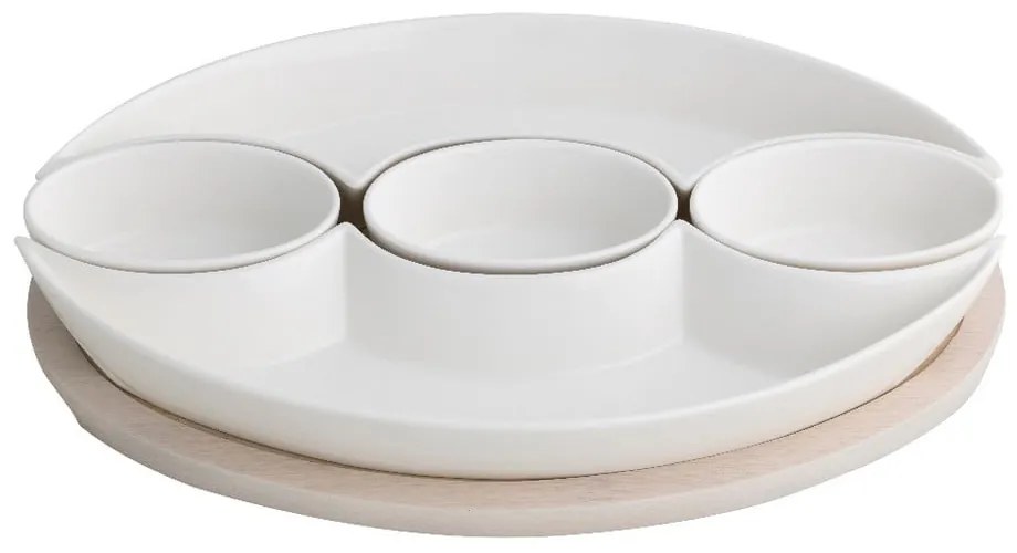 Set di 5 ciotole da portata in porcellana bianca su vassoio in bambù Plait - Brandani