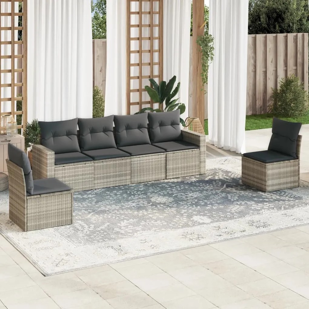 Set divano da giardino 6pz con cuscini grigio chiaro polyrattan