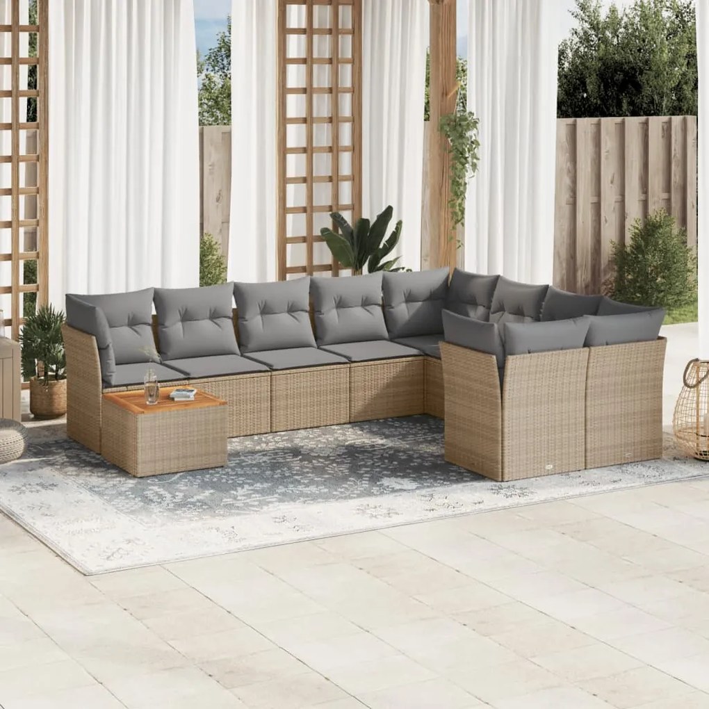 Set Divano da Giardino 10 pz con Cuscini Beige in Polyrattan