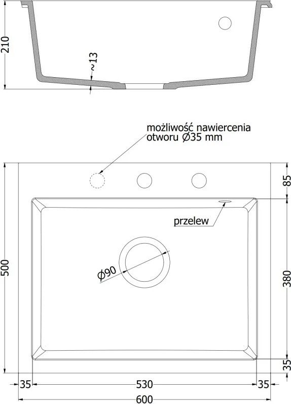 Mexen Elix lavello in granito a 1 vasca 600 x 500 mm, nero, sifone cromato - 6525601005-77