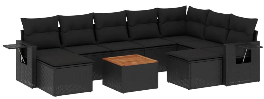 Set divani da giardino 10pz con cuscini in polyrattan nero