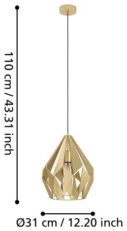 Eglo 43814 - Lampadario a sospensione con filo CARLTON 1xE27/60W/230V diametro 31 cm
