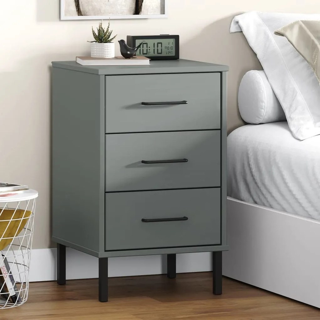 Comodino Con Gambe İn Metallo Grigio Legno Massello Pino Oslo /