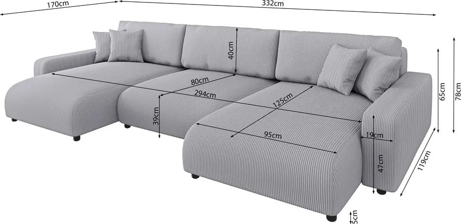 Divano angolare grigio chiaro allungabile/con contenitore (a U) con rivestimento in velluto a coste Sara – Ropez