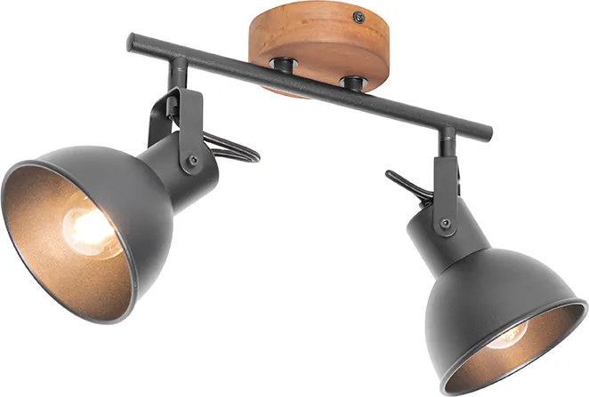 Faretto industriale nero con legno inclinabile 2 luci - Tommy