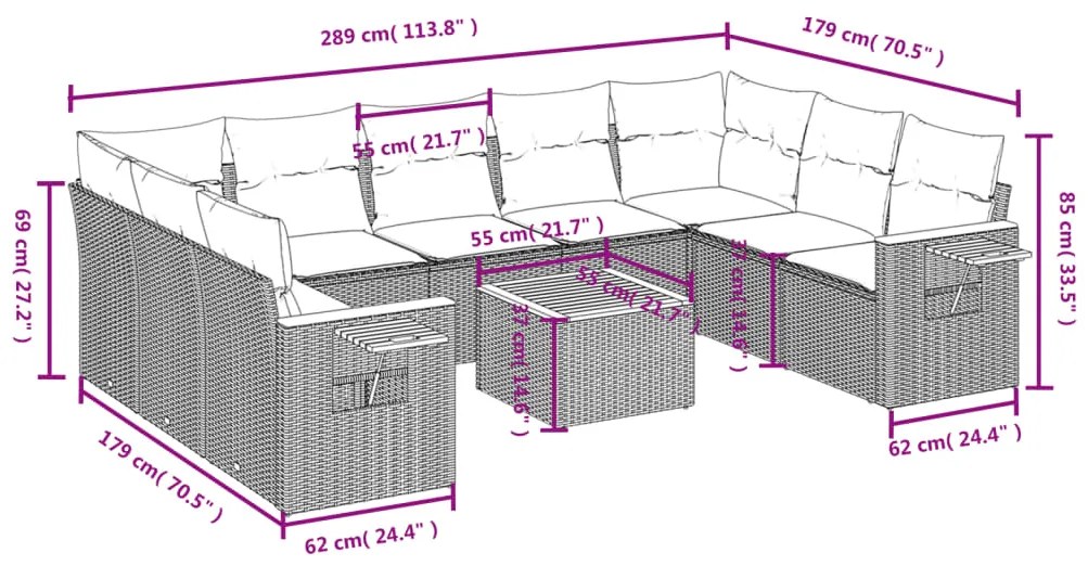 Set divani da giardino 10pz con cuscini in polyrattan nero