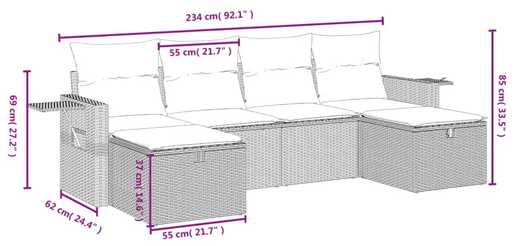 Set divano da giardino 6 pz con cuscini nero in polyrattan