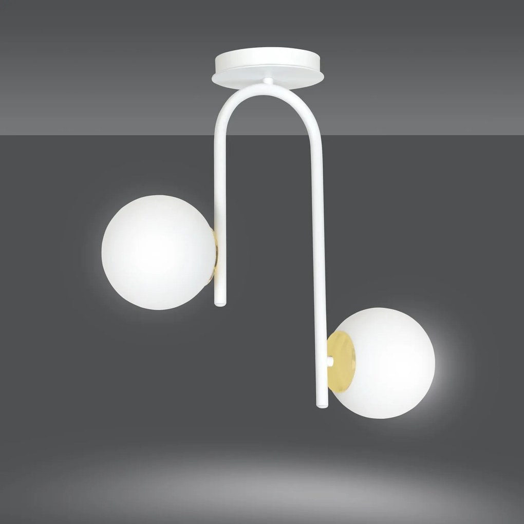 Lampadario 2 Luci Kalf In Acciaio Bianco A Bracci E Sfere In Vetro Opalino E Oro