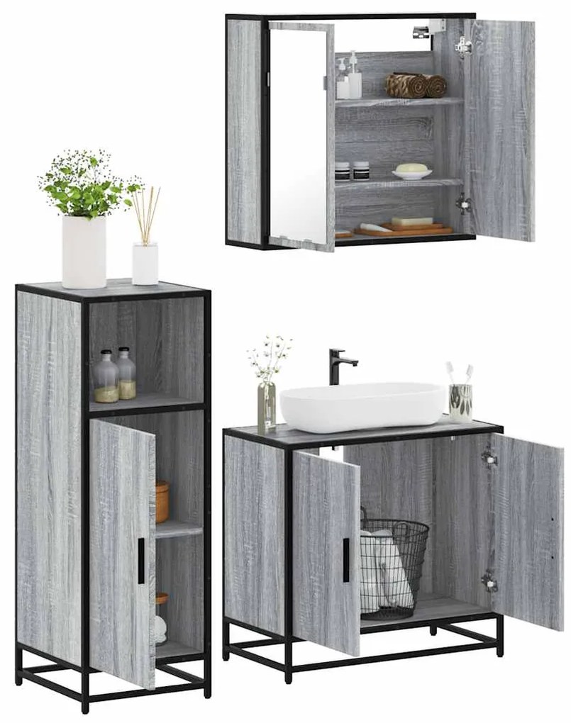 Set Mobili Da Bagno 3 Pz Grigio Sonoma İn Legno Multistrato /