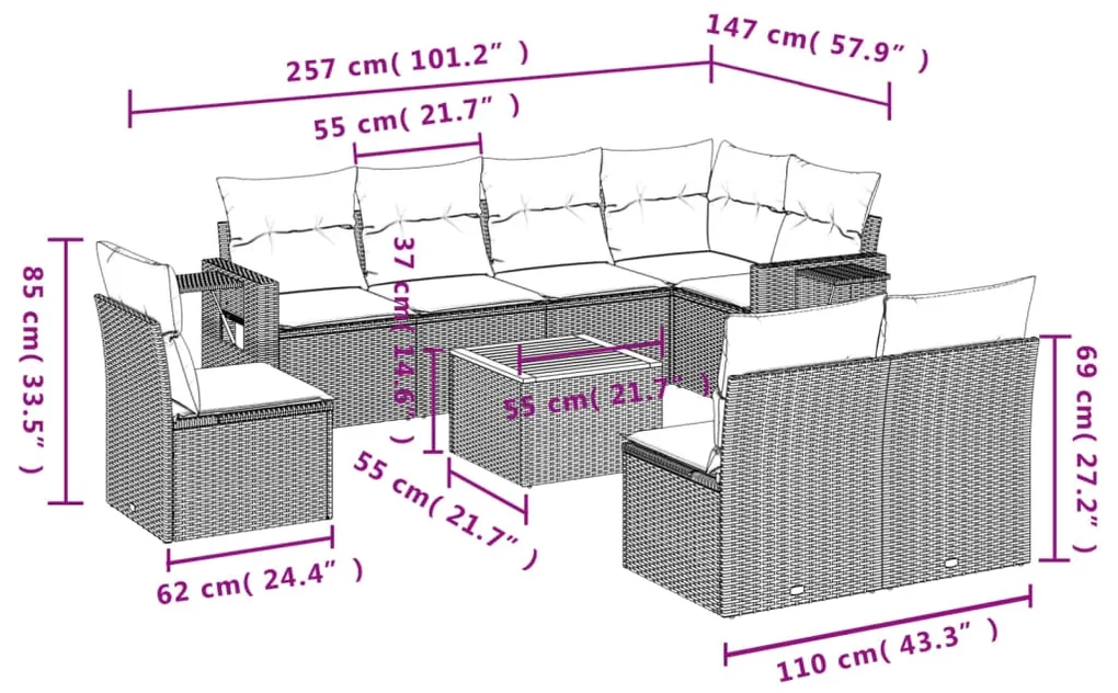 Set divano da giardino 9 pz con cuscini beige misto polyrattan