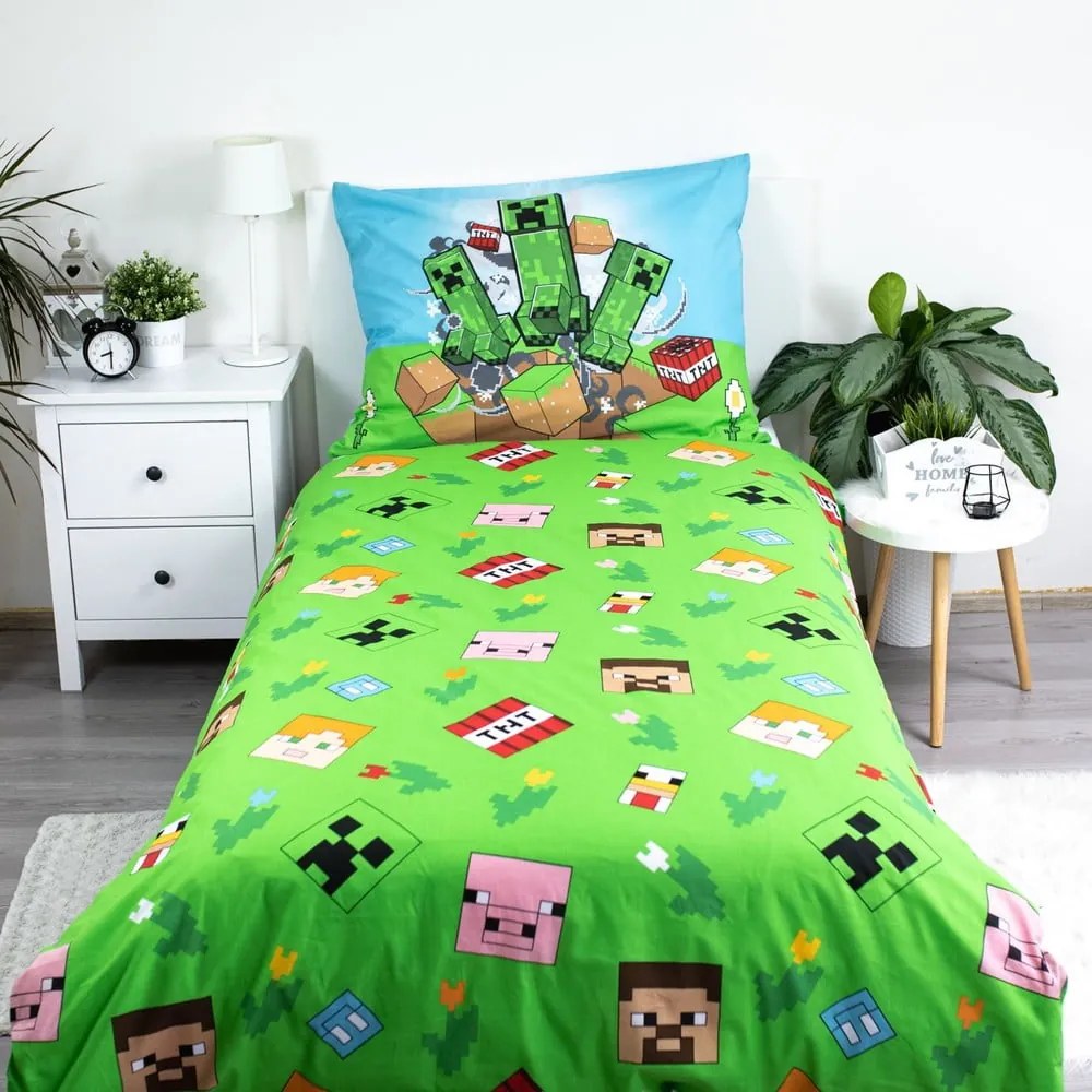 Set copripiumino e federa da bambini verde/blu in cotone per letto singolo 140x200 cm Minecraft "Outdoor Mobs" – Jerry Fabrics