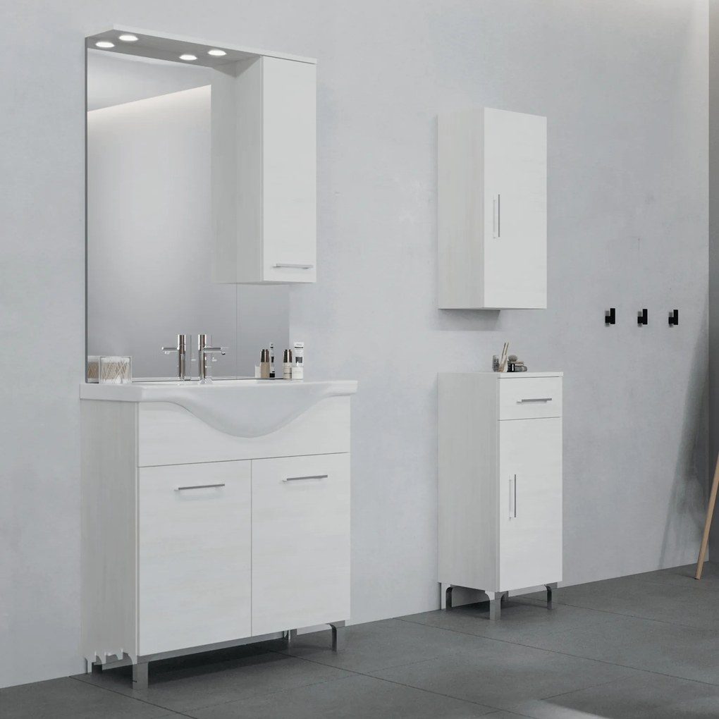 Mobile Bagno a Terra 75 Cm Due Ante Specchio Con Pensile e Fari Led 70x100 Cm Savini Due "Rubino" Rovere Bianco